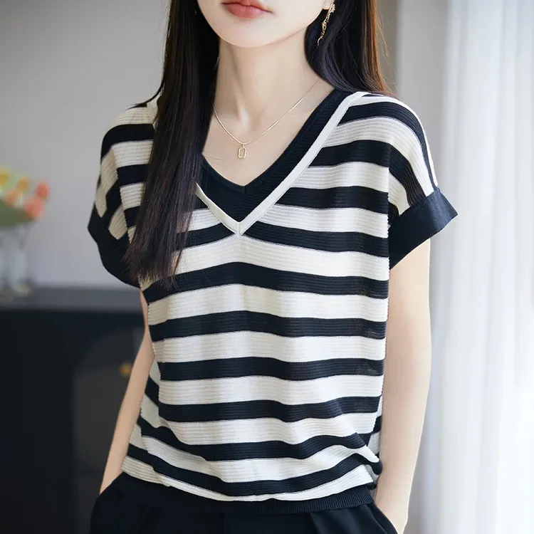 夏季新款宽松双V领针织短袖女时尚百搭条纹气质假两件T恤薄款上衣