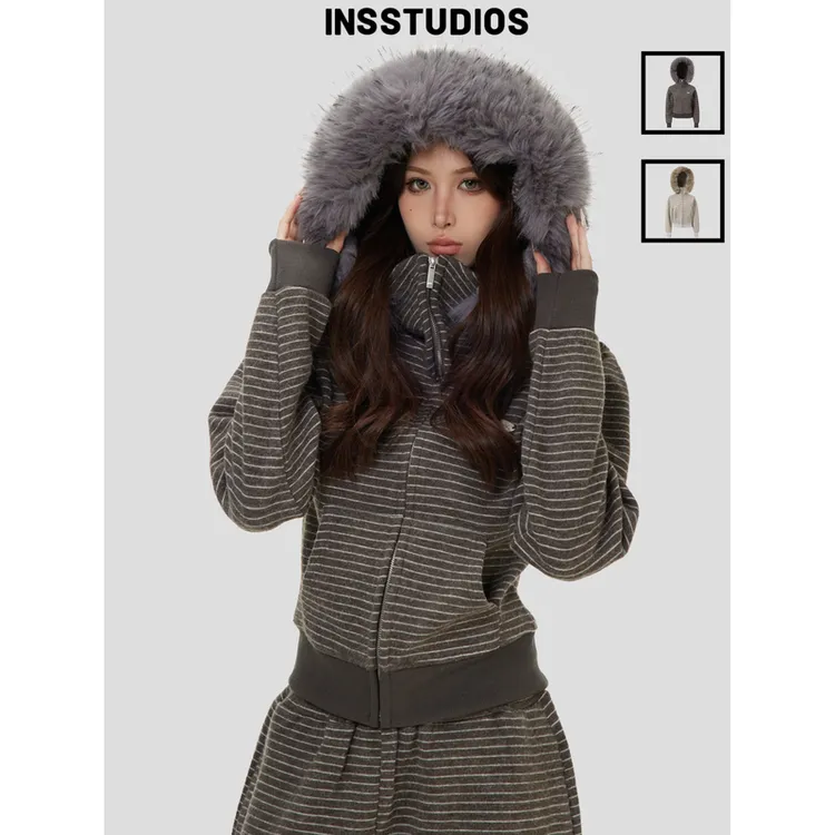 INSstudios 国潮美式「绒感条纹毛领卫衣休闲套装」短款拉链外套