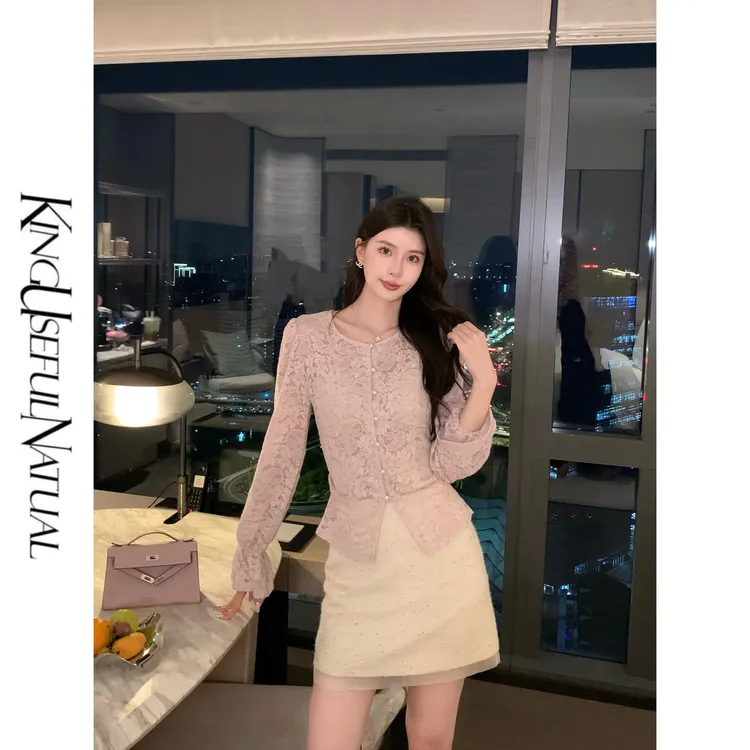 KUN【花涧綉】优雅绽放 定制粉紫色弹力蕾丝立体花型法式精致上衣