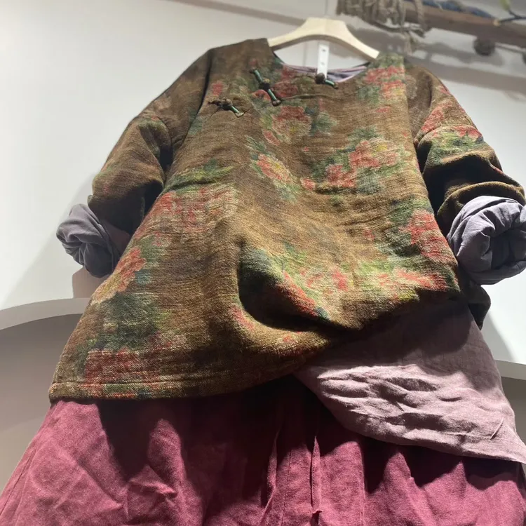 复古花斜盘扣套头衫（衣长68胸围140）