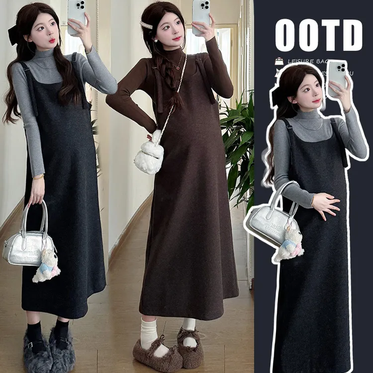 【颜若兮】2025秋冬孕妇装洋气打底衫+毛呢时尚背带裙中长款两件套