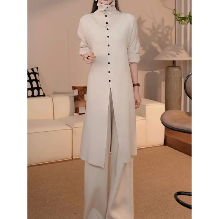 温柔减龄韩系针织裤套装女2026春季新款中长款显瘦开衫毛衣+裤子