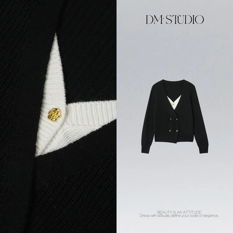 DEDM•STUDIO/100%绵羊毛双排扣撞色针织开衫上衣2511ZZS/39021