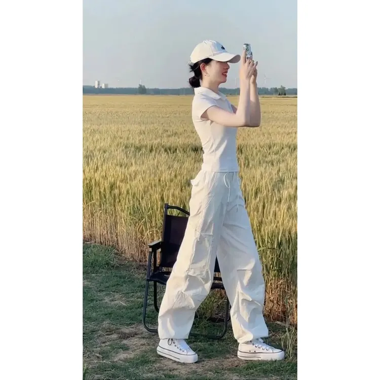 洋气衣服女白色polo领短袖上衣工装裤休闲时尚纯色干净设计感套装
