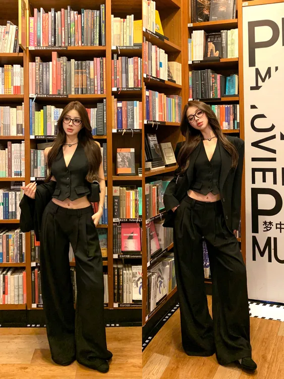 2025秋季新款高级感老钱黑色廓形西装外套女小众马甲阔腿西裤套装