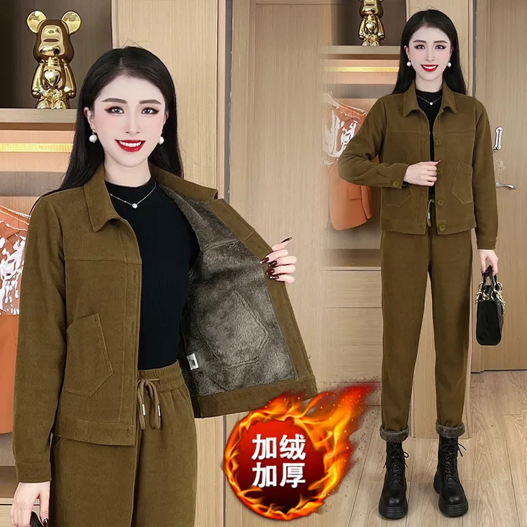 欧货流行时尚套装冬季女装2025新款加绒加厚短外套休闲裤子两件套