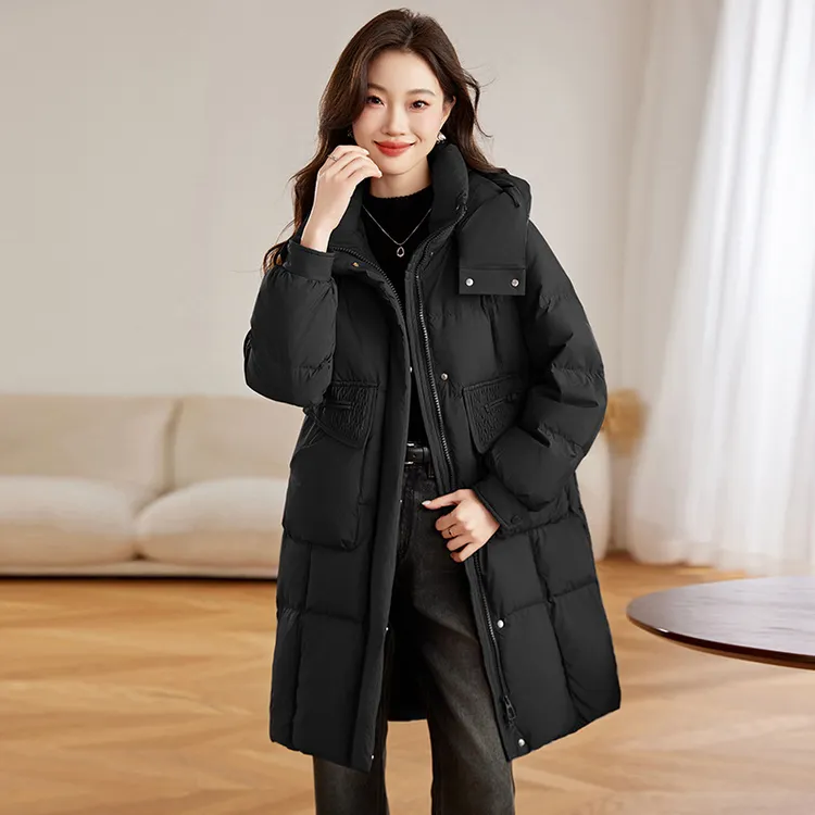 DUCURNO黑色连帽羽绒服女冬季2025新款时尚洋气加厚保暖百搭外套