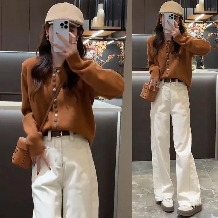 宽松圆领百搭显瘦针织衫女士2025春秋新款阔腿显瘦牛仔裤时尚套装