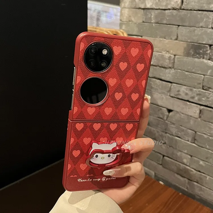 带支架红色菱格爱心皮纹kt猫适用华为pocket2手机壳novaflip折叠