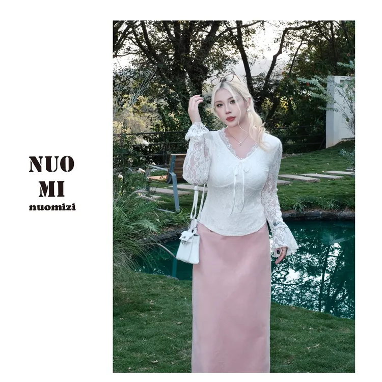 ZOZ糯米子[蕾丝密语]法式蕾丝t恤女秋冬季加绒喇叭袖显瘦打底上衣