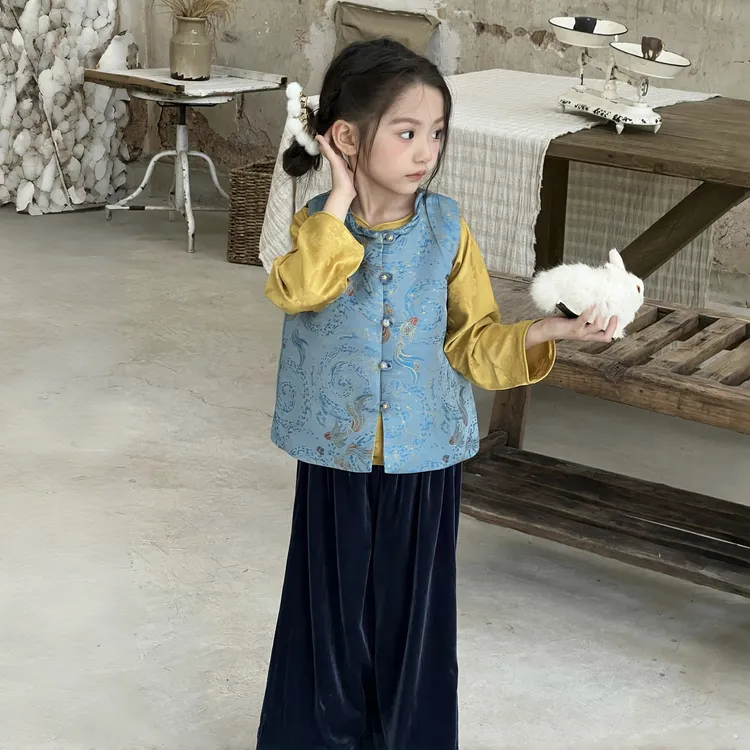 「盛京游」女童新中式马甲套装2025秋季新款女孩中国风儿童裤子旗袍