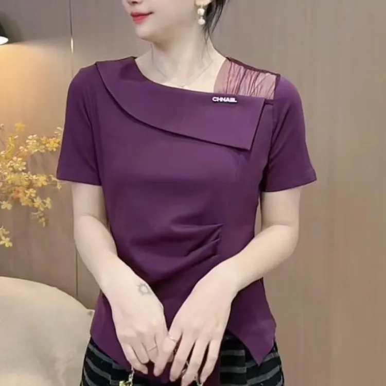 【2519】新品法式不规则领洋气百搭t恤显瘦短袖