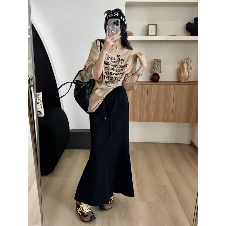 SP 黑色抽绳休闲卫裙半身裙女秋冬设计感系带休闲鱼尾裙高腰长裙