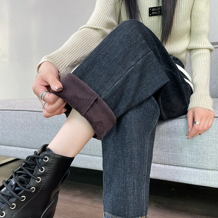 加绒牛仔裤女秋冬季2025年新款高腰加厚显瘦百搭松紧腰老爹裤潮