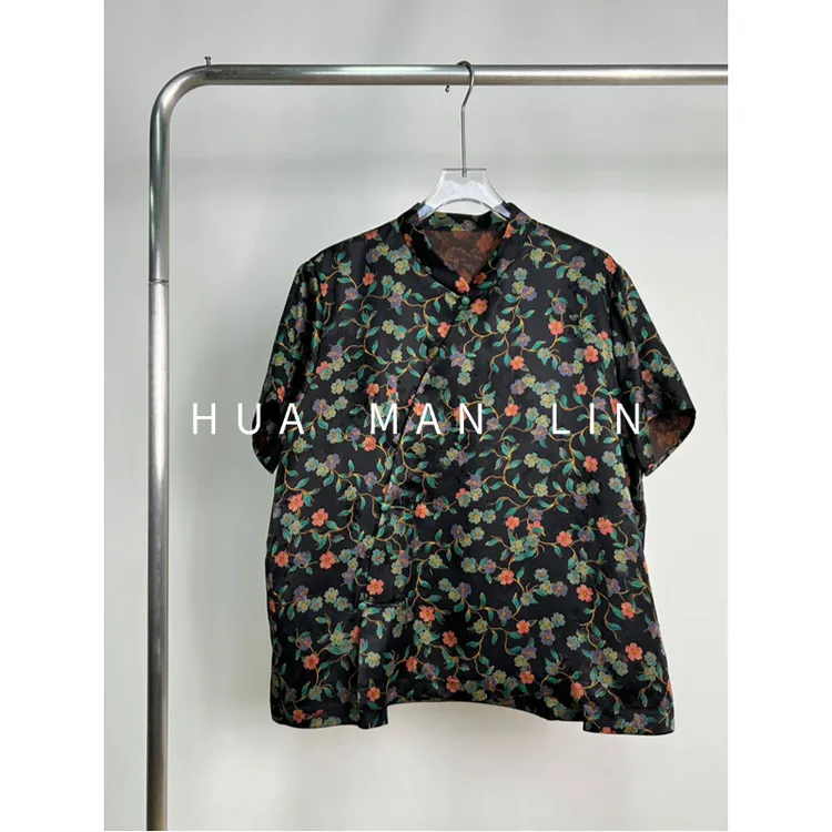 【花满林】小立领斜门襟小花香云纱桑蚕丝短袖上衣259716