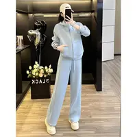 蓝色休闲时尚套装女2025秋季新款炸街宽松连帽卫衣+直筒裤两件套