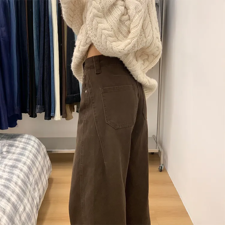 美拉德新款咖色弯刀牛仔裤女秋季胖妹妹mm高腰直筒阔腿拖地镰刀裤