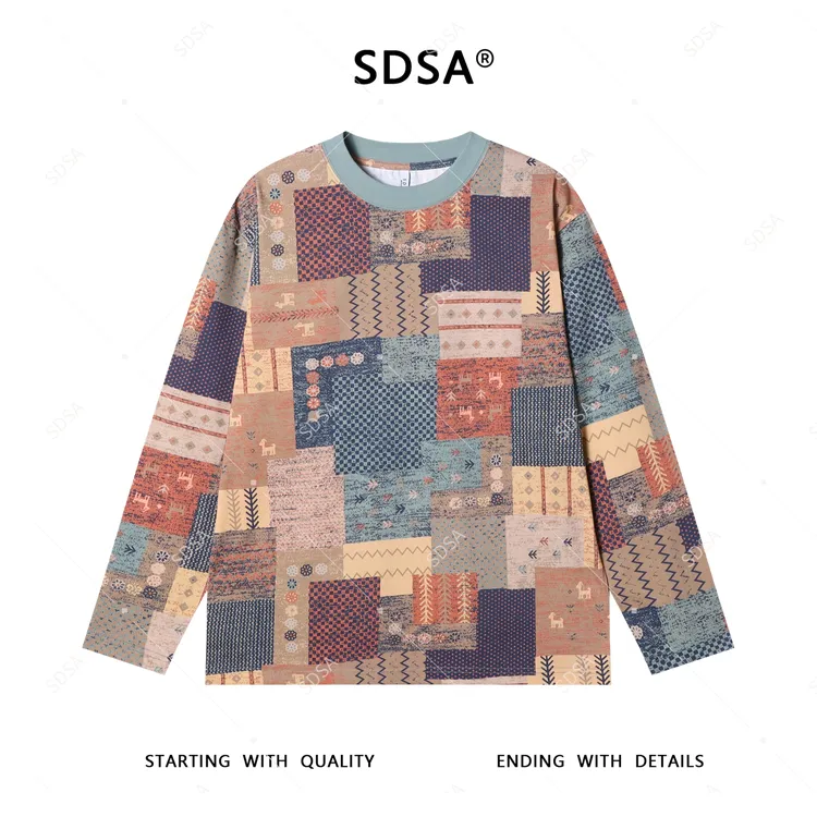 SDSA男士秋冬新款轻奢痞帅男装色块复古长袖圆领百搭潮流宽松上衣