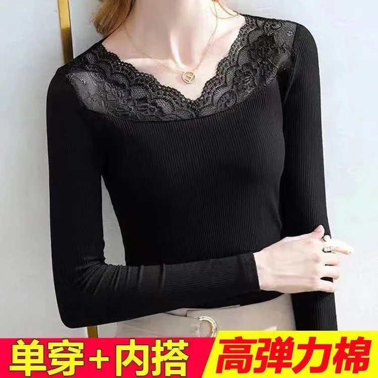 蕾丝衫连体长袖蕾丝薄款洋气高领弹力棉修身秋冬加绒加厚冬季