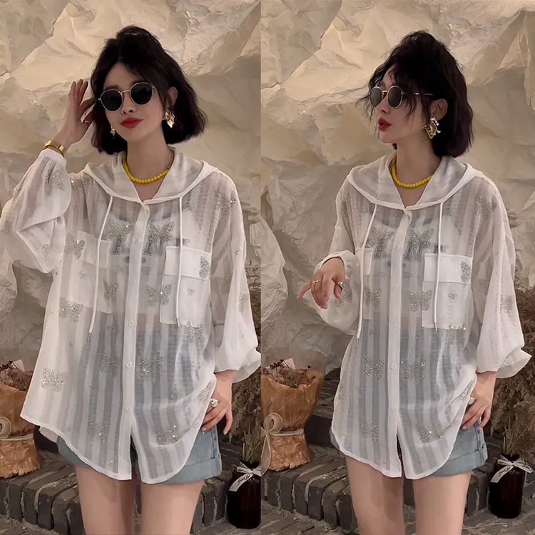 夏季新款冰丝雪纺重工水钻防晒外套连帽女