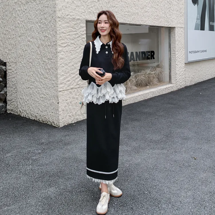 入秋一整套女装洋气时髦气质休闲时尚蕾丝拼接卫衣半身裙两件套装