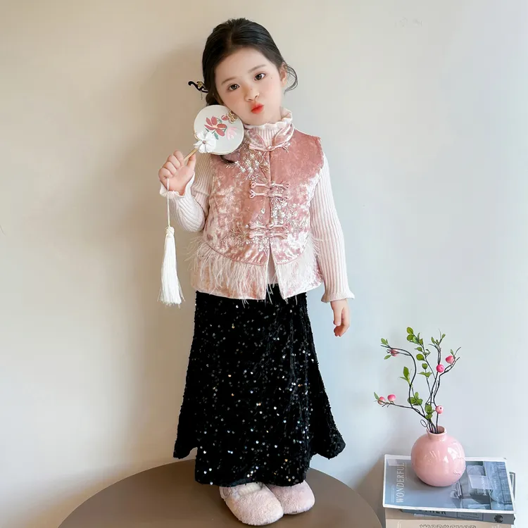 女童新中式套装秋冬汉服儿童唐装拜年服小女孩国风加绒元旦演出服
