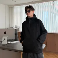 【YUZE】冬季加绒加厚拼接纯色百搭宽松半拉链连帽卫衣情侣款J2169