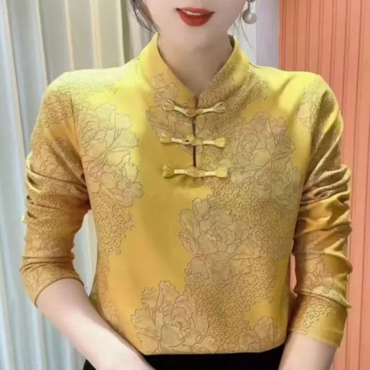 新中式冬季新款国风盘扣打底加绒复古长袖小衫女宽松百搭洋气上衣