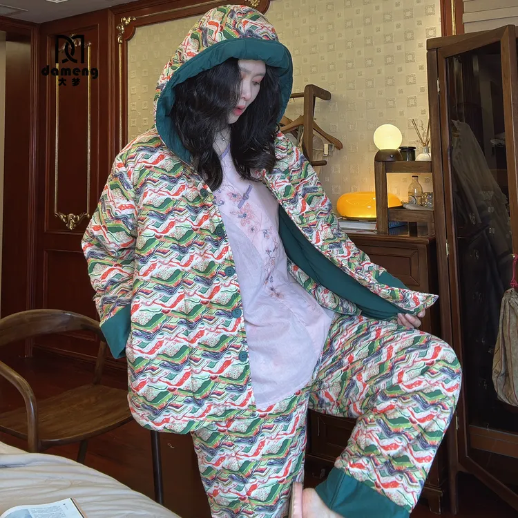 睡衣女冬季款三层夹棉袄加厚保暖碎花连帽纯棉家居服秋冬款天套装