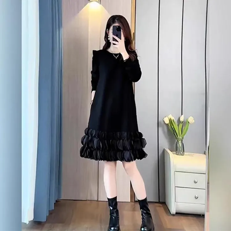 大码秋季新款时尚减龄赫本风连衣裙胖mm遮肚显瘦法式中长款A字裙