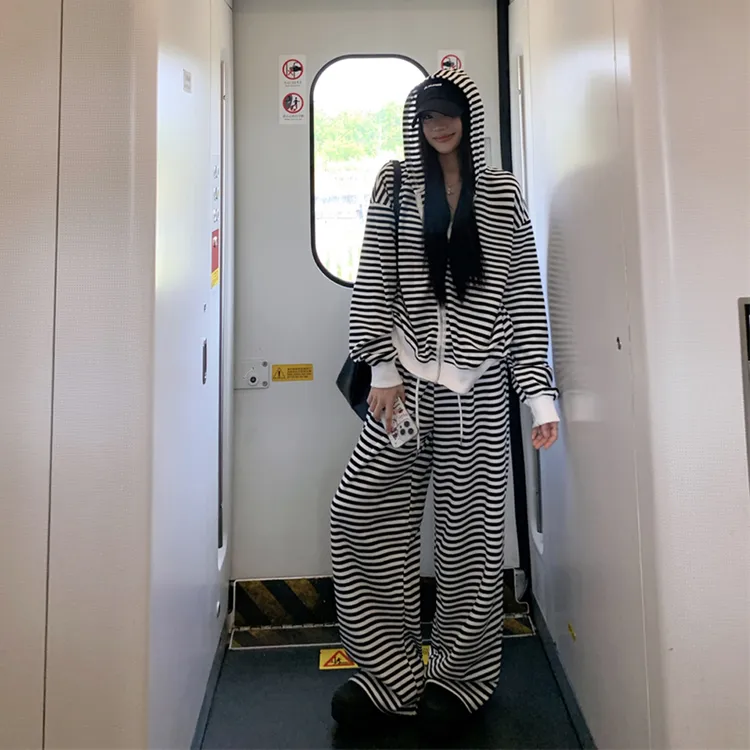 美式复古慵懒休闲套装女高级感条纹卫衣外套松紧腰阔腿裤两件套