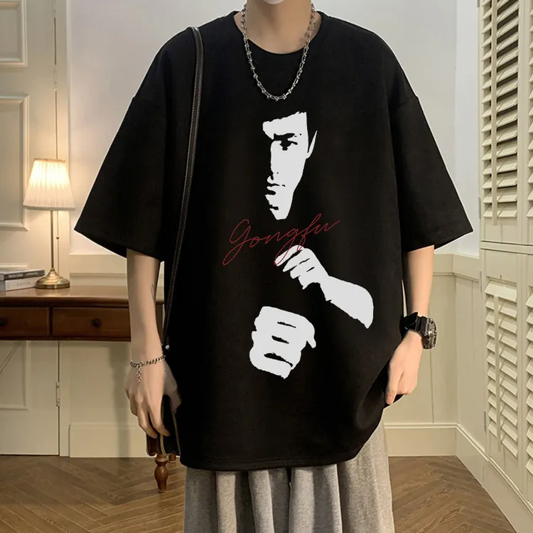 重磅麂皮绒t恤中国风复古李小龙联名短袖男款夏季潮牌大码上衣服