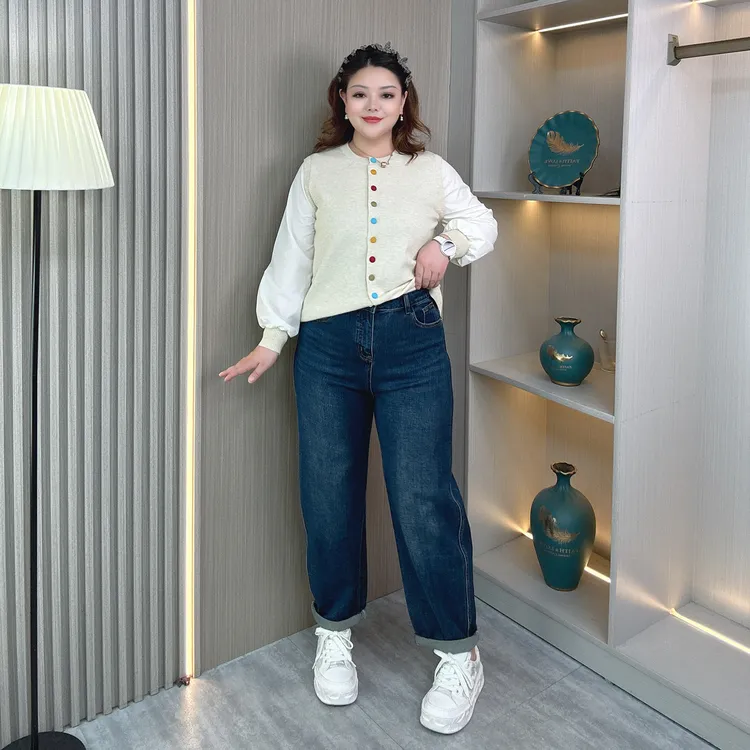 高腰弹力弯刀牛仔裤女秋季新款大码宽松显瘦直筒萝卜老爹哈伦裤子
