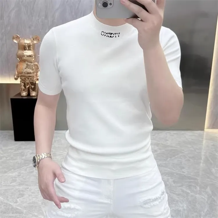 2025欧货轻奢男士针织冰丝短袖T恤纯色时尚百搭夏季半袖上衣