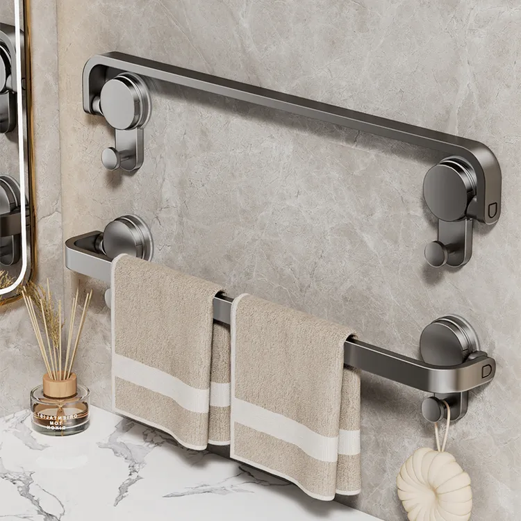太空铝毛巾架浴室吸盘式毛巾架子卫生间免打孔毛巾挂杆置物架