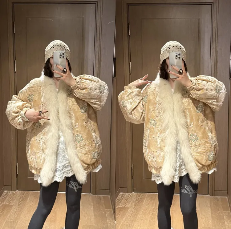 YDFSTUDIO小众【月河星纱】新中式国风刺绣毛领设计重工羽绒外套