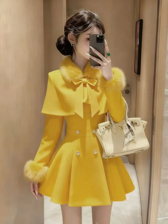 通勤休闲风小香风时尚套装黄色设计感长袖毛领显瘦收腰两件套