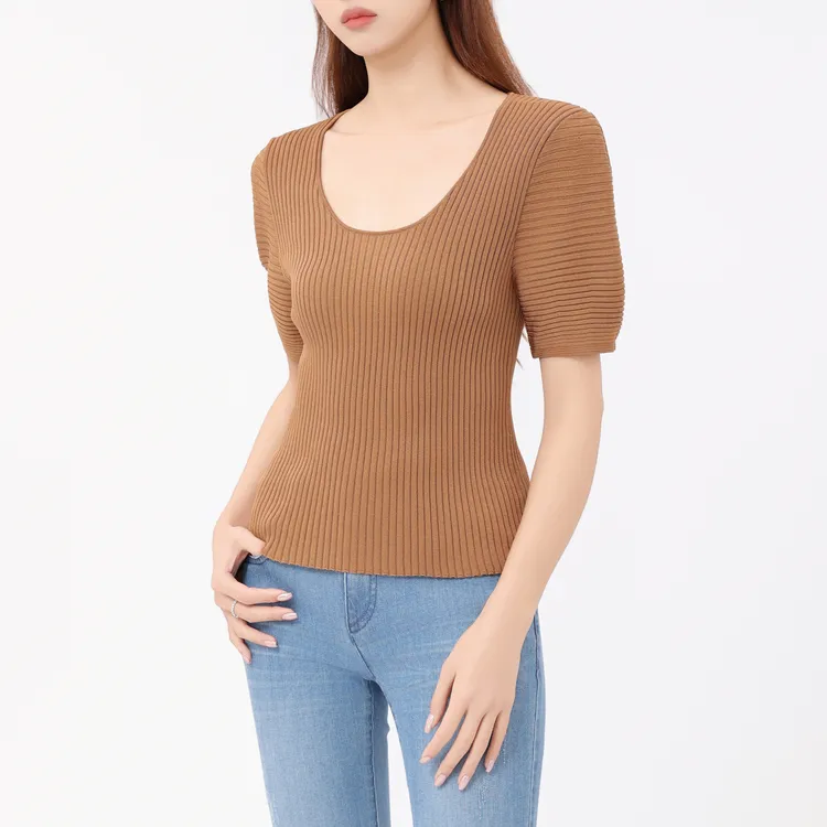 AMASS/阿玛施百搭ins简约U型领竖坑条针织泡泡短袖上衣女5399584