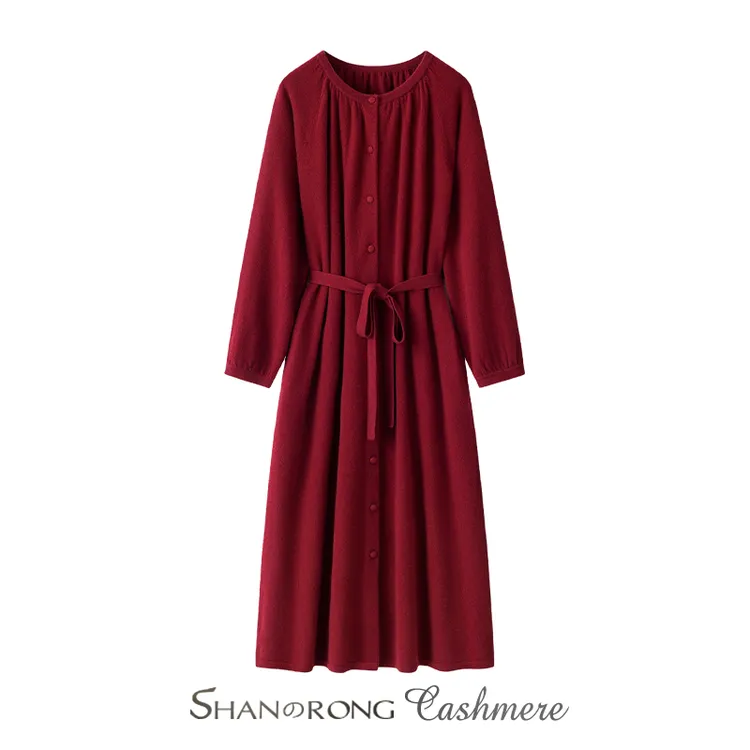 圆领针织连衣裙100%纯山羊绒重磅加厚中长款单排扣收腰保暖长开衫