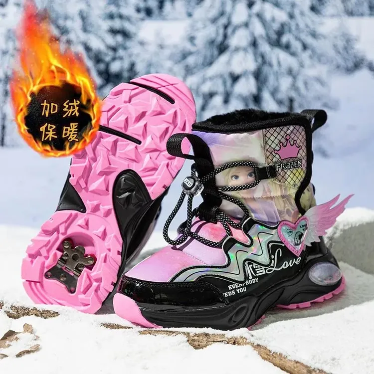 儿童雪地靴女孩冬季户外防水防滑冰爪冬靴加绒加厚女童东北大棉靴