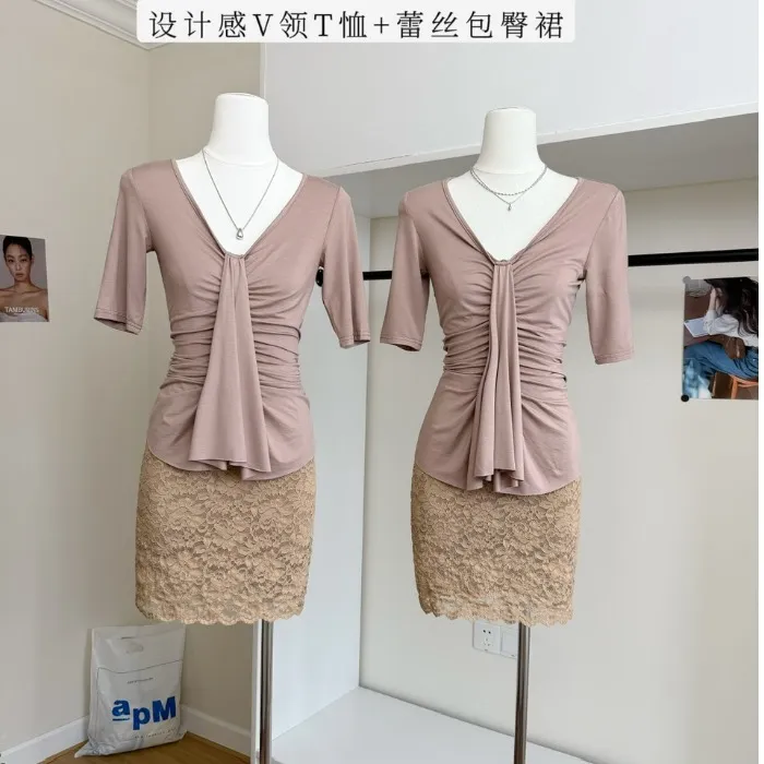 韩版气质短袖上衣高腰修身显瘦蕾丝半身裙女包臀裙短裙套装女