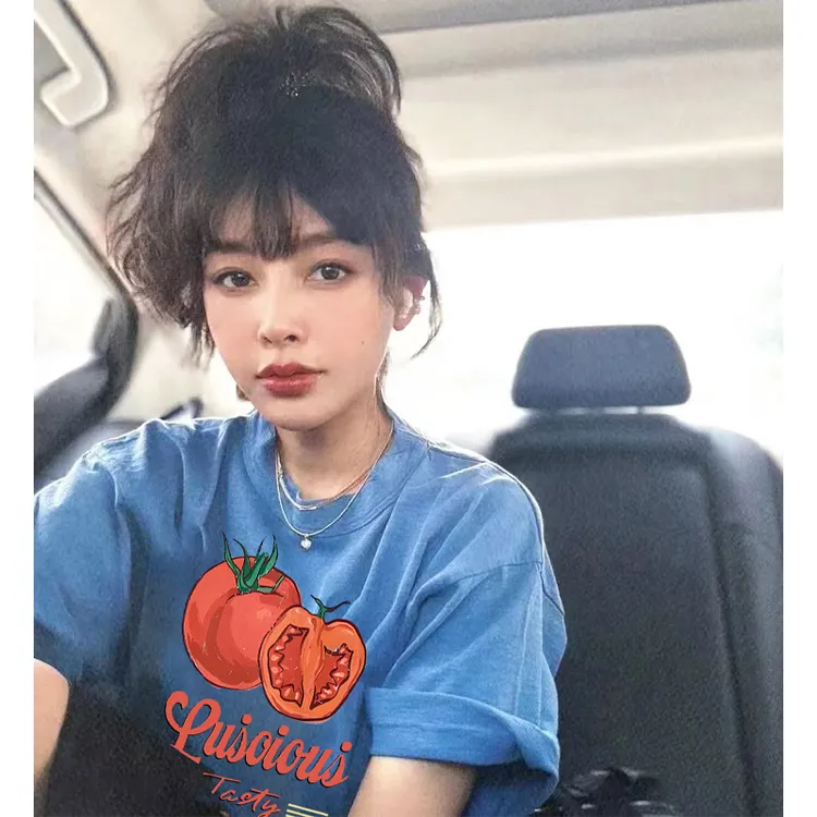 2025夏季新款时尚百搭显瘦短袖T恤趣味番茄圆领韩版上衣显瘦显瘦t