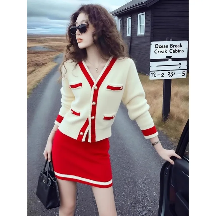 2025冬季超火一整套减龄洋气时尚大方得体白色针织开衫两件套装裙