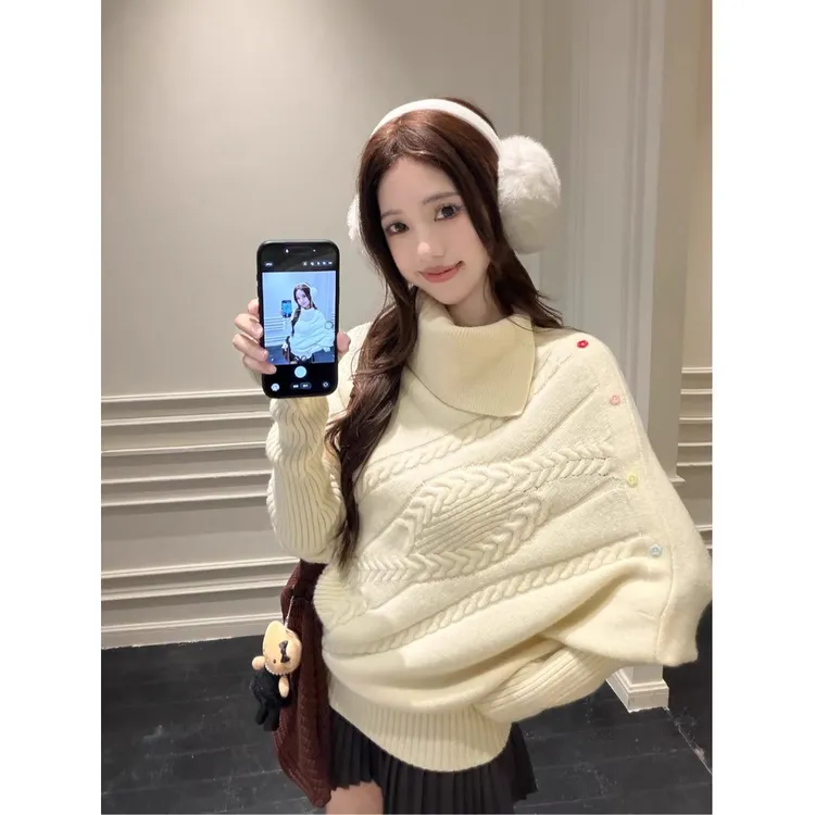 法式别致绞花甜美不规则毛衣女冬设计感假扣宽松针织衫上衣125