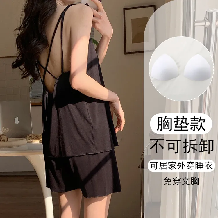可外出睡衣女春夏季家居服高颜值2025年新款大码带胸垫吊带两件套