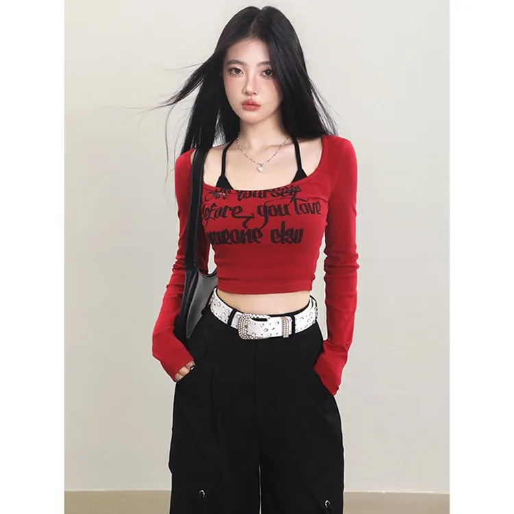 美式设计感性感修身哥特式印花短款长袖辣妹T恤甜辣上衣显瘦打底