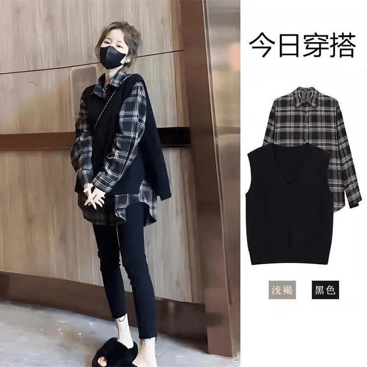 复古碎花V领长袖衬衫女常规款百搭系带针织背心马甲套头两件套