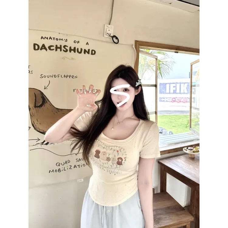 【小巧定制】XQ2512夏季新款显瘦百搭重工艺钉珠印花上衣