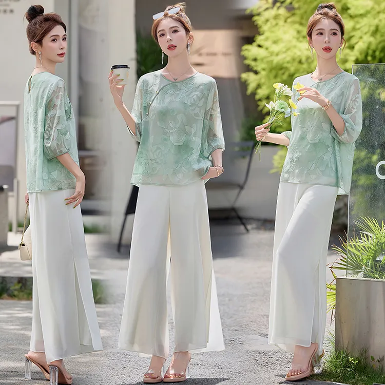 小衫女薄款2025夏新款宽松休闲女款新中式上衣雪纺阔腿裤