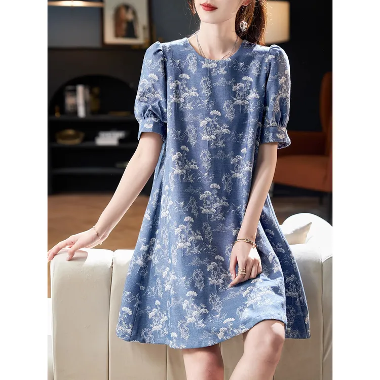 泡泡袖印花短袖连衣裙2025夏季气质国风A字宽松显瘦中长休闲裙子